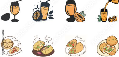 Hand drawn vector illustration of Indian street food and drinks set including samosa, pakora, momo dumplings, pani puri, cold drinks, ginger ale, juice and coffee – colorful cartoon snack icons for re