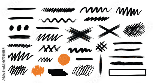 Collection of scribbled lines and marks for hand drawn artistic design elements