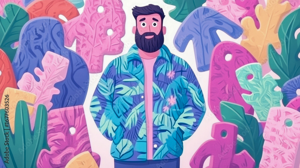 Fototapeta premium Bearded man in vibrant tropical shirt stands amidst array of colorful, stylized jungle foliage in cheerful flat illustration