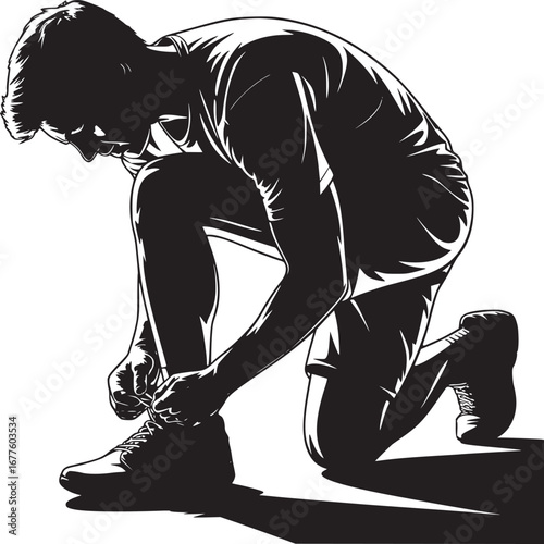 A stylized black and white illustration of a man kneeling and tying his shoelaces on a white background