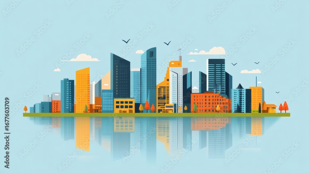 Fototapeta premium Vibrant city skyline reflected in calm water, showcasing modern architecture and autumnal trees.