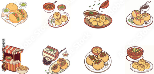 Hand drawn vector illustration of Indian street food and drinks set including samosa, pakora, momo dumplings, pani puri, cold drinks, ginger ale, juice and coffee – colorful cartoon snack icons for re