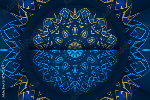 Symmetrical mandala design with intricate blue and gold geometric patterns centered on a dark blue circle decorative artwork for meditation yoga and calming spiritual wall art