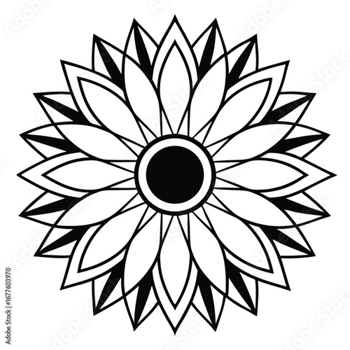 Black and white detailed illustration of a symmetrical flower with multiple petals and a circular center.