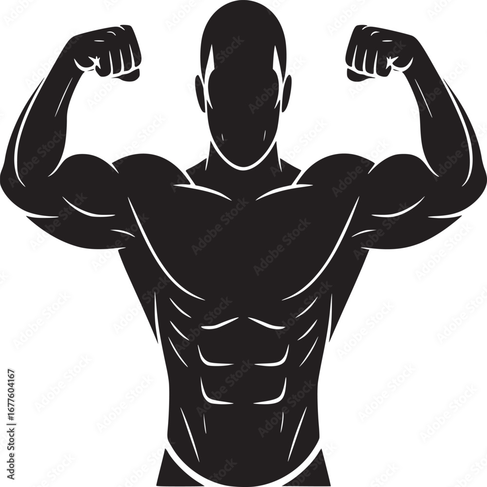 Fototapeta premium Silhouette of muscular man flexing biceps and showing abdominal muscles on a white background art