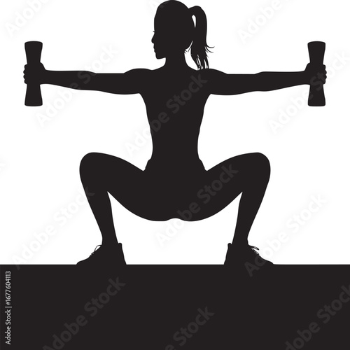 Silhouette of a woman doing squats while holding dumbbells with arms extended in a fitness setting