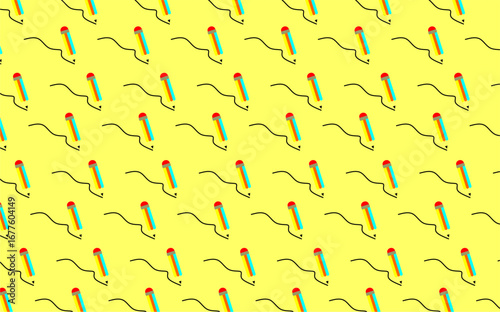 A seamless pattern featuring colorful pencil icons drawing wavy black lines. Vector illustration.