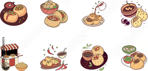 Hand drawn vector illustration of Indian street food and drinks set including samosa, pakora, momo dumplings, pani puri, cold drinks, ginger ale, juice and coffee – colorful cartoon snack icons for re
