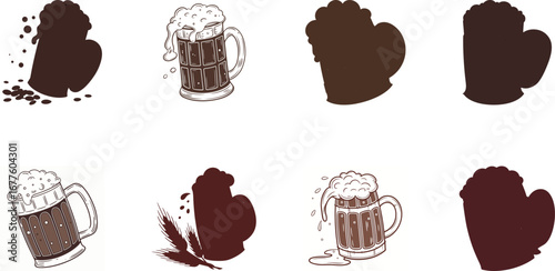 Hand drawn vector illustration of Indian street food and drinks set including samosa, pakora, momo dumplings, pani puri, cold drinks, ginger ale, juice and coffee – colorful cartoon snack icons for re