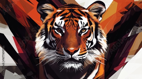 A striking, geometric illustration of a tiger, showcasing bold colors and sharp angles, emphasizing the animal's fierce expression and majestic presence.