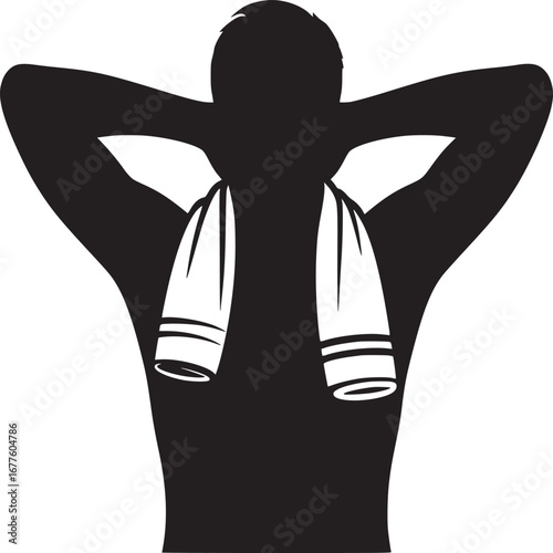 Silhouette of a person with hands behind head and towel around neck against white background
