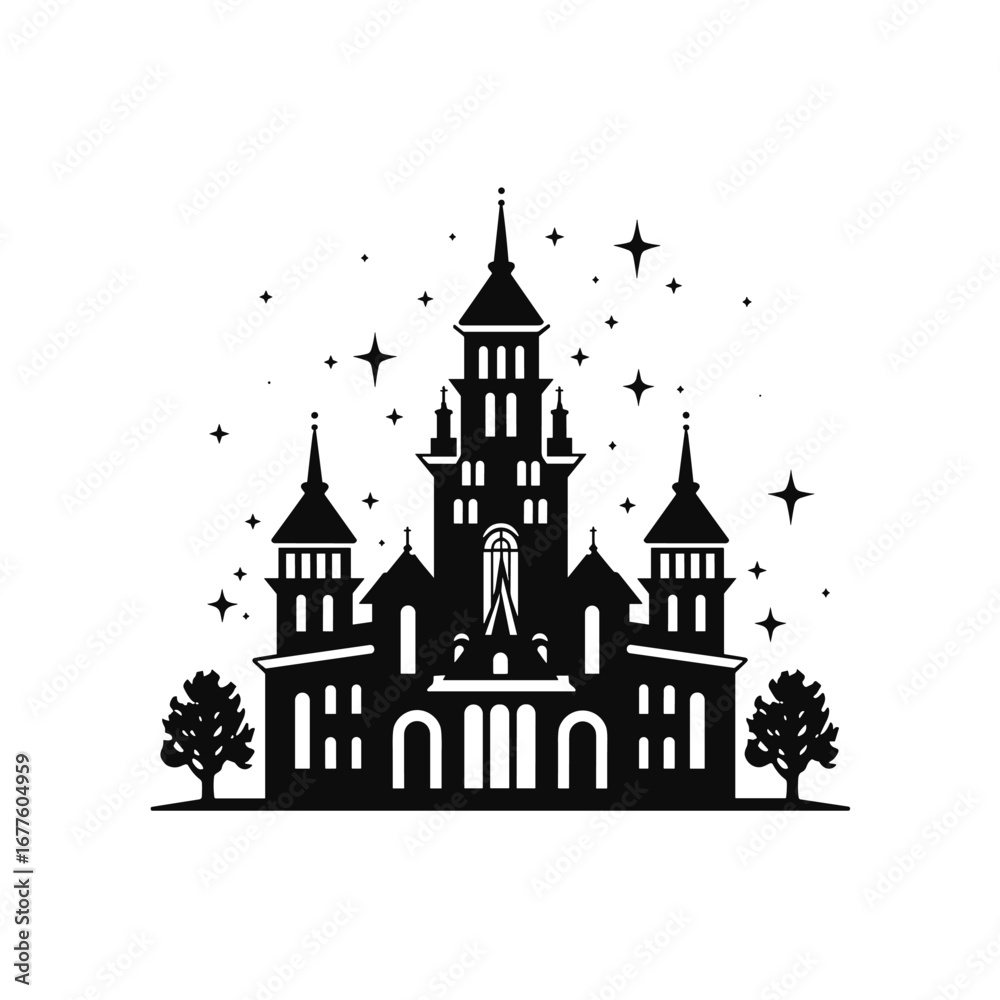 Fototapeta premium Gothic castle silhouette with stars and trees