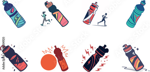 Hand drawn vector illustration of Indian street food and drinks set including samosa, pakora, momo dumplings, pani puri, cold drinks, ginger ale, juice and coffee – colorful cartoon snack icons for re