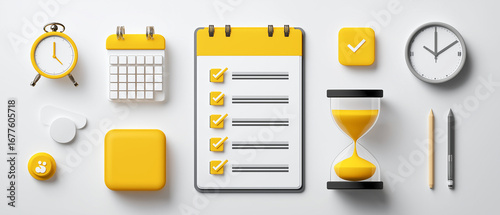 conceptual flat lay of productivity planning with calendar, checklist, hourglass, and task icons symbolizing efficient scheduling and project management, designed on plain white background  