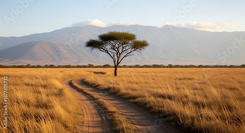 African Savanna Landscape with Acacia Tree.
