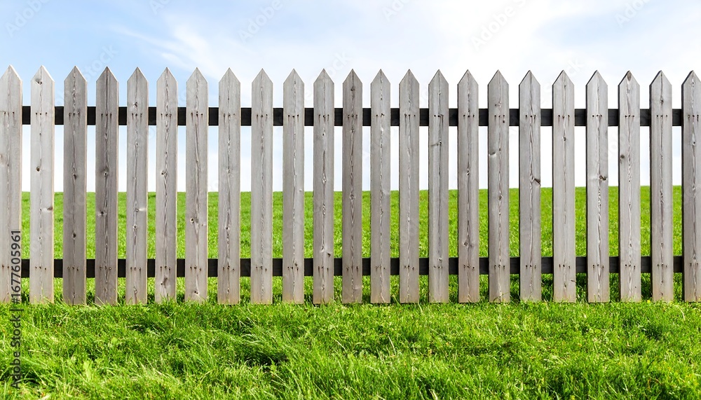 Fototapeta premium A simple wooden picket fence stretches across a grassy field, under a partly cloudy sky.