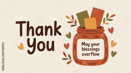 Thank you message with a jar of blessings and hearts on a light beige background illustration