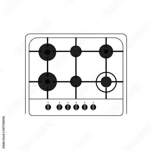 Top View of Four Burner Gas Cooktop Kitchen Appliance, Isolated White Background