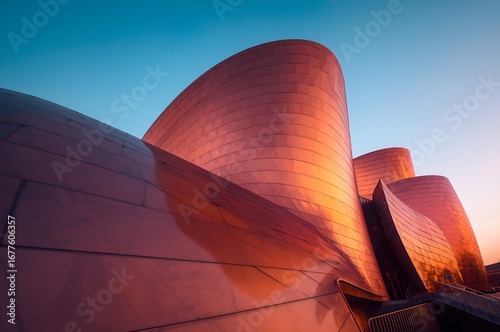 Modern Concert Hall with Wave-Shaped Golden Exterior at Sunset