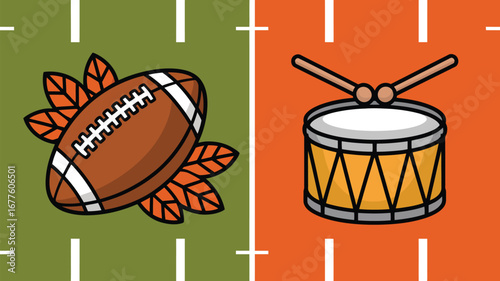 Cartoon football with leaves on field and drum with drumsticks on orange background illustration