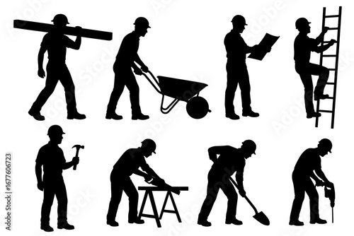 Silhouettes of Construction Workers with Tools and Equipment