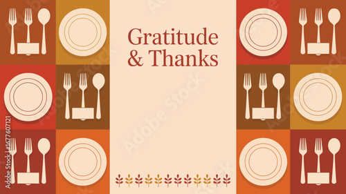 A thanksgiving themed image with plates, forks, spoons, and the words gratitude and thanks written