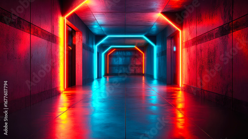 Futuristic science fiction corridor with glowing blue and red neon lights  creating a modern  abstract and mysterious atmosphere
