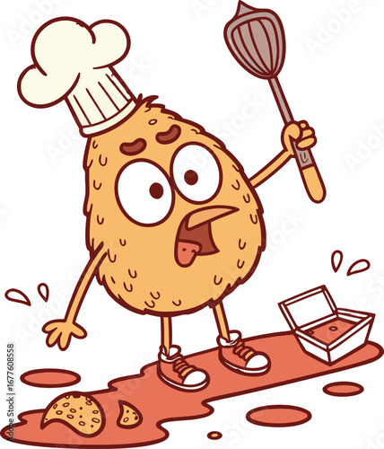 Funny cartoon potato chef mishap messy kitchen spilled food cooking disaster