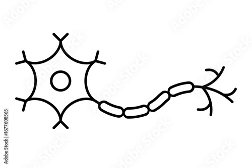 Neuron line icon. Nerve cell showing axon, dendrites, and cell body. Brain cells, synapses, nervous system, and communication between neurons. Neuroscience, psychology, medicine. Vector illustration