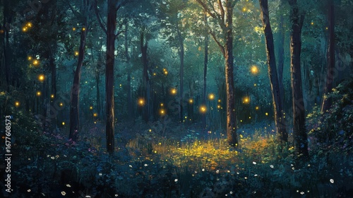 A serene forest scene illuminated by glowing fireflies, with vibrant foliage and a mystical ambiance that captures the beauty of nature at twilight.