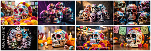 Colorful sugar skulls decorated with flowers day of the dead
