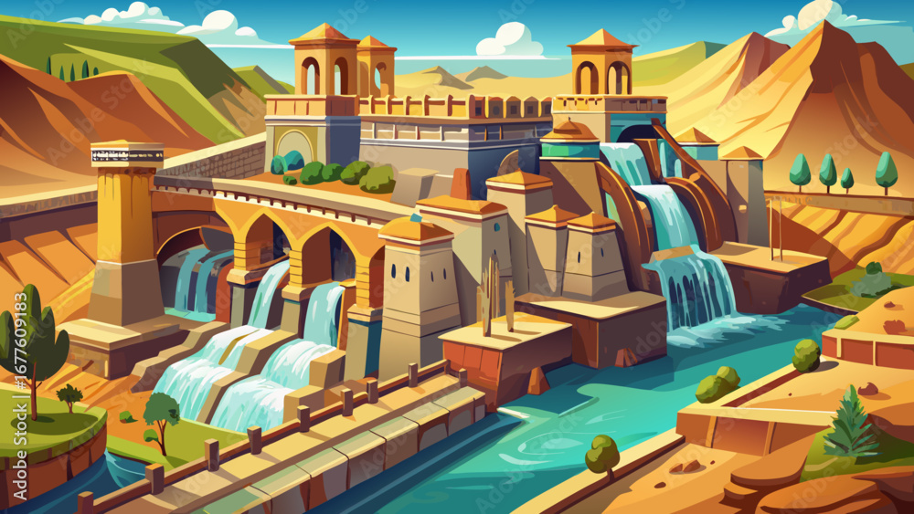 Fototapeta premium The Shushtar Historical Hydraulic System in Iran displays canals, dams, and mills carved in stone, an engineering marvel of antiquity transforming water into prosperity in arid landscapes.