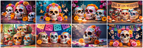 Colorful sugar skulls decorated with flowers and candles