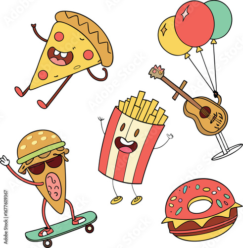 Whimsical fast food characters having fun with music and balloons