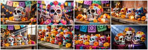 Colorful sugar skulls with flowers and candles day of the dead