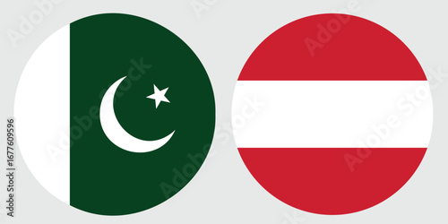 Circular flag of Austria and Pakistan on Grey Background – International Friendship Concept