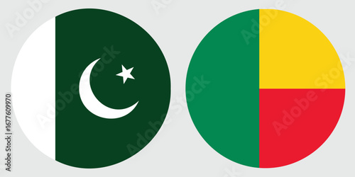 Round Flags of Benin and Pakistan on Grey Background ,International Unity Concept  vector design and illustration 