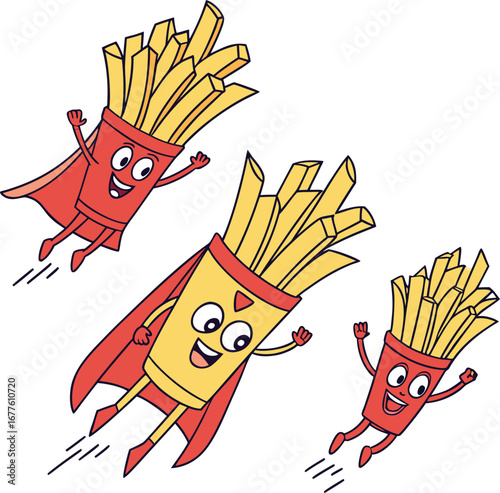 Whimsical superhero french fries flying action cartoon characters with capes and happy faces
