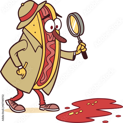 Whimsical detective hot dog investigates a bloody mystery with magnifying glass