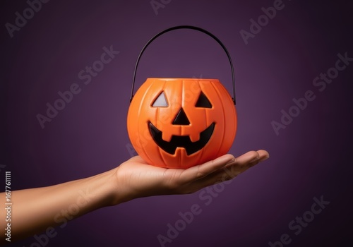 Halloween Treat Holder Hand Offering a Festive Jack-o'-Lantern Candy Bucket Against a Vibrant Purple Background