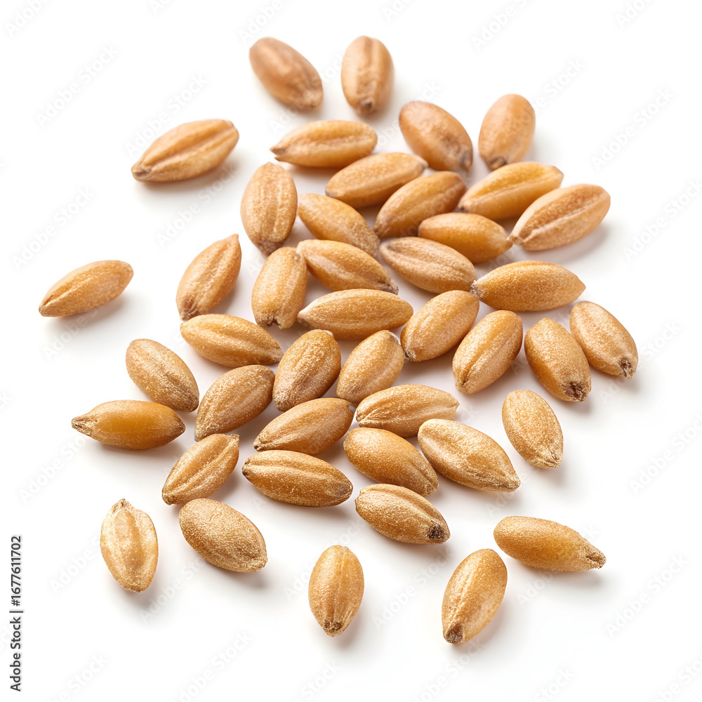 Obraz premium Close-up of einkorn wheat grains isolated on a white background, highlighting their elongated shape,