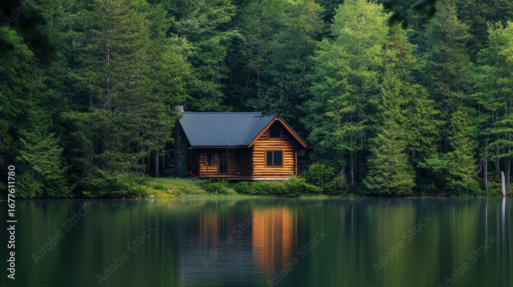 Fototapeta premium A serene log cabin by a calm lake, surrounded by lush green trees, reflecting nature's beauty in a peaceful setting.