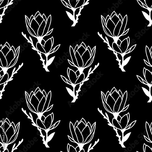 Wallpaper Mural seamless symmetrical pattern of white graphic magnolia flowers on a black background, texture, design Torontodigital.ca