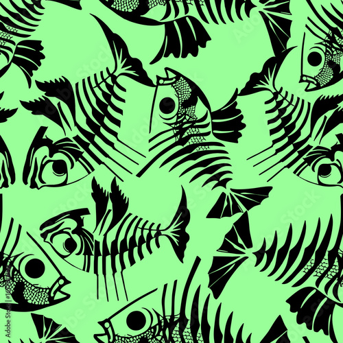 Wallpaper Mural seamless pattern of black graphic fish skeletons on a green background, texture, design Torontodigital.ca