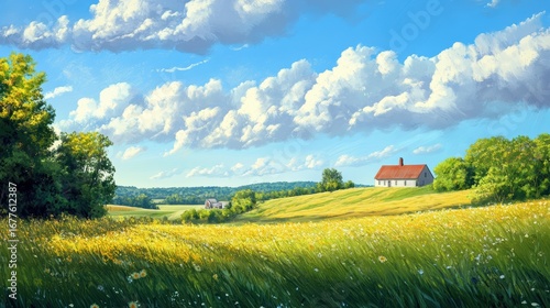 A serene landscape featuring rolling hills, a vibrant green field, a quaint house, and a bright blue sky with fluffy clouds.