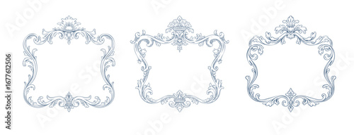 Romantic rococo wedding monogram frame illustration. Elegant vintage baroque floral crest border.