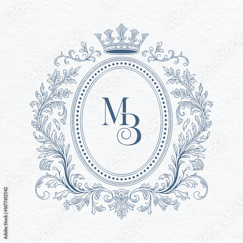 Baroque oval wedding crest with royal crown and ornate floral scrolls. Ornate rococo oval wedding invitation crest featuring crown, leaves, and floral motifs.