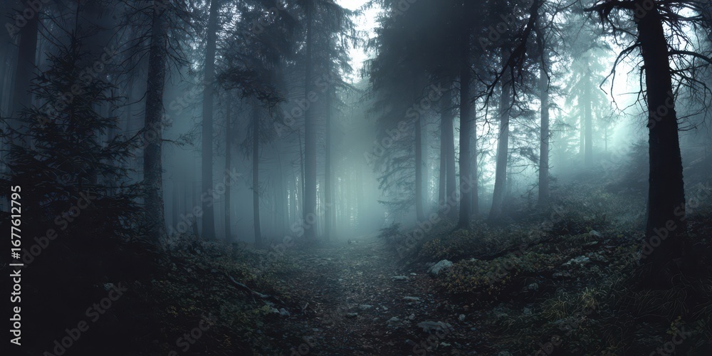 Naklejka premium fog in the dark forest, misty or moody landscape background