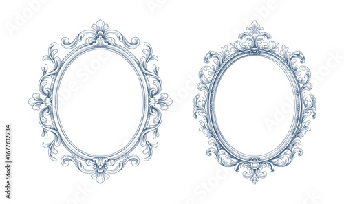 Vintage baroque oval wedding monogram frame. Ornate antique floral oval border illustration.
