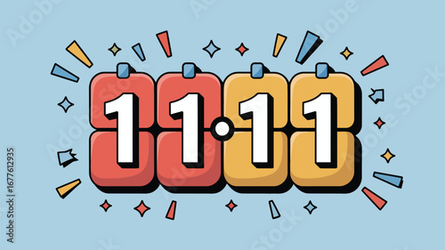 Illustration of four blocks displaying the number eleven point eleven with starbursts around it